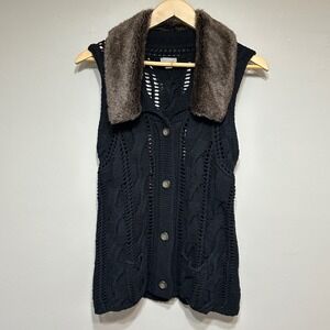 J. Jill Sweater Vest Womens S Black Cable Knit Faux Fur Collar Sleeveless Button